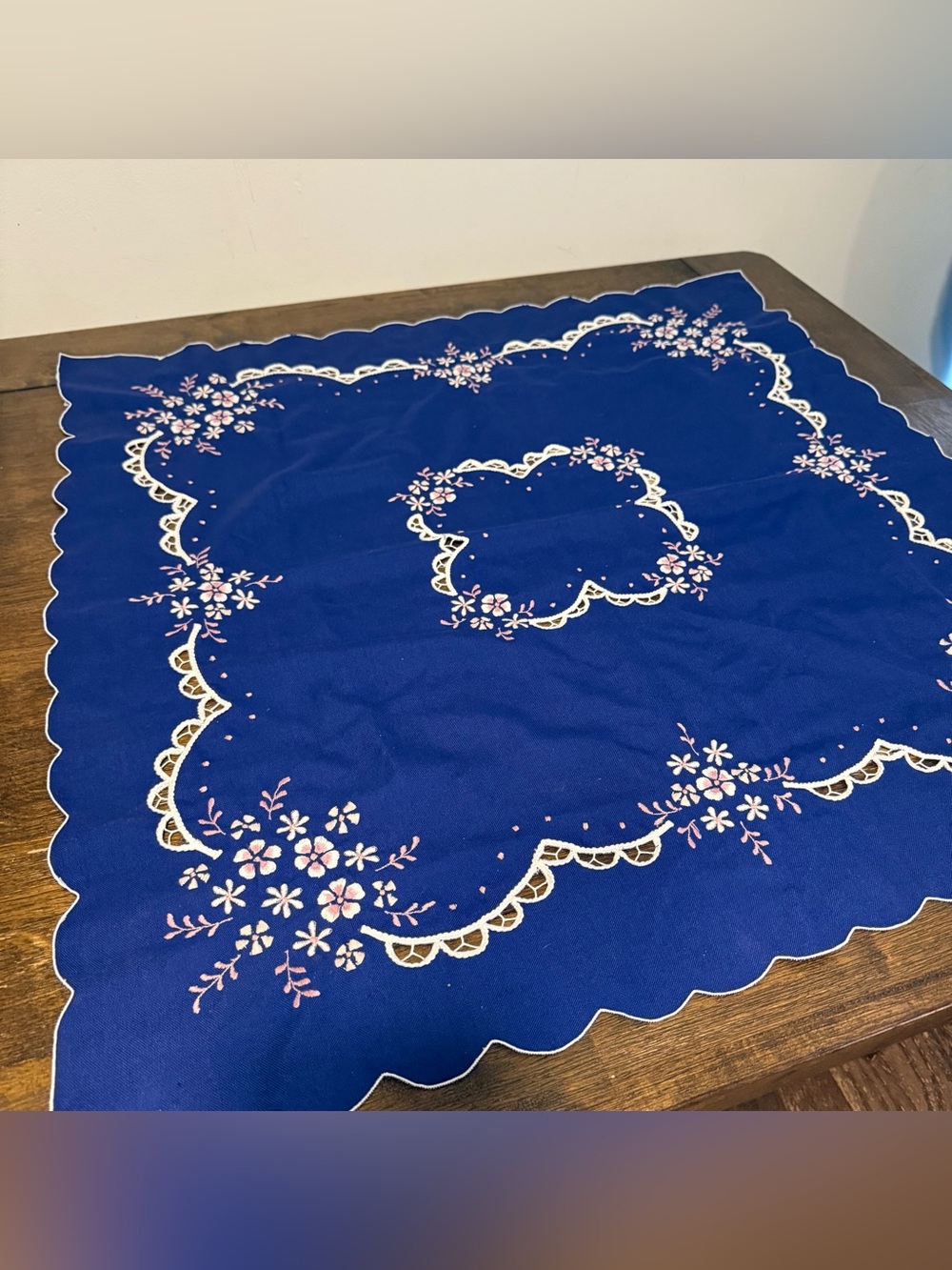 Vintage Royal Blue Tablecloth With Exquisite White Embroidery Cutwork 32.5”x32.5
